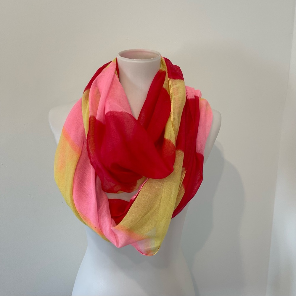 Lightweight, red pink and yellow infinity scarf.